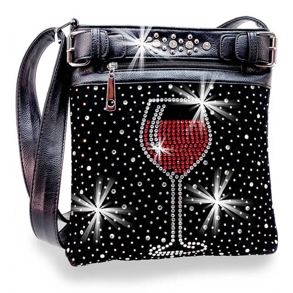 NEW HANDBAG EXPRESS women's wine glass rhinestone crossbody sling bag in black